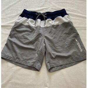 Speedo Mens Swim Suit Navy White Gray Colorblock Elastic Waist Drawstring Size M